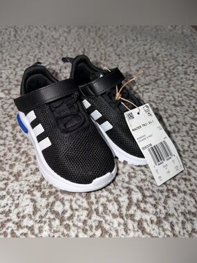 adidas Kids Black and White Racer Slip-On Sneakers with Blue Heel Accent
